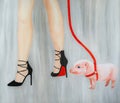 Walking mini pig, oil painting on canvas.