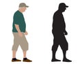 Walking old man and silhouette, vector illustration, isolated on white background Royalty Free Stock Photo
