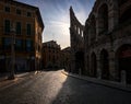 Walking through the old town of Verona at dawn. Roman Coliseum. Arena Verona Royalty Free Stock Photo