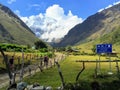 Walking through an open valley along the Salkantay Trail on the