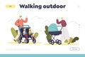 Walking outdoors with kid in pram landing page with people push carriages with little children Royalty Free Stock Photo