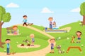 Walking in park. Outdoor dog playground, children walk with pets. Boy wash puppy, kids training dogs. Cute cartoon