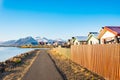 Walking path along the coast in Hofn in Hornafjordur in Iceland Royalty Free Stock Photo