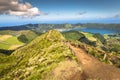 Walking path leading to a view on the lakes of Sete Cidades and Santiago in Sao Miguel, Azores Royalty Free Stock Photo