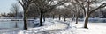 Walking path shoveled after snow storm between two lakes at Argyle Park in Babylon Village Royalty Free Stock Photo