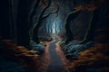 walking path through spooky and gloomy forest.generative ai