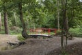 Red japanese bridge in garden Royalty Free Stock Photo