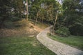 Walking paving trail in outdoor park environment space with lantern and green foliage tree
