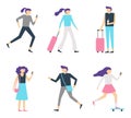 Walking people. Female and male characters lifestyle, girl running and using smartphone, skateboarding Royalty Free Stock Photo