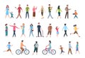 Walking people. Persons in casual clothes, crowd walks in city. Vector human characters set