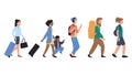 Walking people in queue at airport, vector illustration.Characters woman, man and kid with luggage in airport. Different