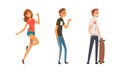 Walking people set. Young people in casual clothes performing various outdoor activities cartoon vector illustration Royalty Free Stock Photo