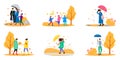 Walking people with umbrellas flat color vector faceless characters set