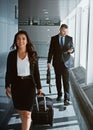 Walking, portrait or business woman in airport with suitcase, luggage or baggage for a global trip. People, happy or