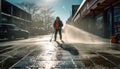 Walking in the rain, blurred city lights, wet footpath, cold weather generated by AI