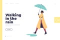 Walking in rain concept of landing page with woman in coat strolling under umbrella in rainy day Royalty Free Stock Photo