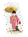 Hanami Festival. Little japanese girl and kitten under a rain of flowers that become hearts