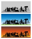 Walking refugees silhouette with different backgrounds
