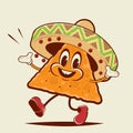 Funny illustration of a walking cartoon nacho with sombrero Royalty Free Stock Photo