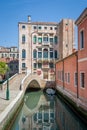 Walking routes of old Venice town. Channels, bridges and traditional houses.