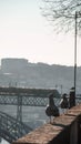 Walking seagulls with bridge view Porto Portugal Royalty Free Stock Photo