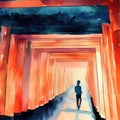 Walking through the shrine's tunnel of 1,000 torii gates with watercolor with Generative AI