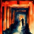 Walking through the shrine's tunnel of 1,000 torii gates with watercolor with Generative AI