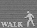 A Walking Sign With Random Text In The Background