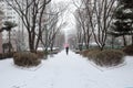 Walking in snow with a pink umbrella