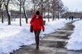 Walking on snowy path in a park of Bucharest, Romania, 2020