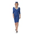 Walking Stewardess Dressed In Blue Uniform. 3D illustration, iosaled, on white