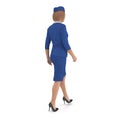 Walking Stewardess Dressed In Blue Uniform. 3D illustration isolated on white background