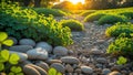 Serene Sunset Pathway with Clover and Pebbles Royalty Free Stock Photo