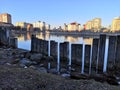 Kaliningrad, Russia - February 16, 2019 : stone piles at the city shoreline of city