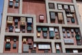 Many unused metal postboxes at the wall in Kaliningrad center. Summer june day Royalty Free Stock Photo