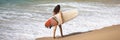 Walking Surfer Woman with Surfboard on the Tropical Beach Royalty Free Stock Photo