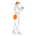 Walking teen girl with smartphone flat contour vector illustration