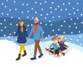 Family Walking with Sleigh, Snowing Outdoor Vector Royalty Free Stock Photo