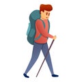 Walking tourist backpack icon, cartoon style