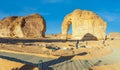 Walking tourist path and lounges at sandstone elephant rock erosion monolith standing in the desert, Al Ula, Saudi Arabia Royalty Free Stock Photo