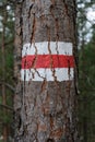 Walking trail marks and signs on trees showing direction for hikers in forest Royalty Free Stock Photo