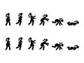 Walking woman stick figure pictogram set. Different positions of stumbling and falling icon set symbol posture on white.