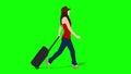 Walking woman with travel bag cartoon animation. Loop animation 4K video . green background for background transparent use