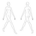 Walking women Fashion template 9 nine head size female with main lines for technical drawing. Lady figure front, 3-4