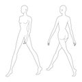 Walking women Fashion template 9 nine head size female for technical clothes drawing. Lady figure 3-4 front back view.