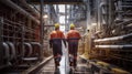 Walking workers in work clothes in a refinery with pipes and machinery Royalty Free Stock Photo