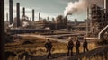 Walking workers in work clothes in a refinery with pipes and machinery Royalty Free Stock Photo