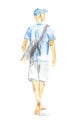 Walking young man in a blue t-shirt, gray shorts, a baseball cap and a backpack, view from the back, colored pencils, sketch Royalty Free Stock Photo