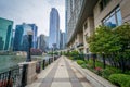 Walkway along the Chicago River in Chicago, Illinois Royalty Free Stock Photo