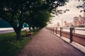 Walkway along the East River on Roosevelt Island, New York.